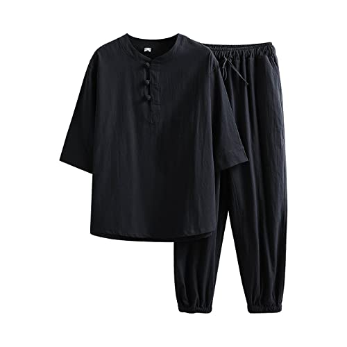 Foweknow Traje Tang Hombres Ropa Tradicional China Manga Larga Chaqueta Y Pantalones Artes Marciales Taichi Shaolin Algodón Lino Uniforme Clásico Ocio Entrenamiento Ropa, 03 negro., XL