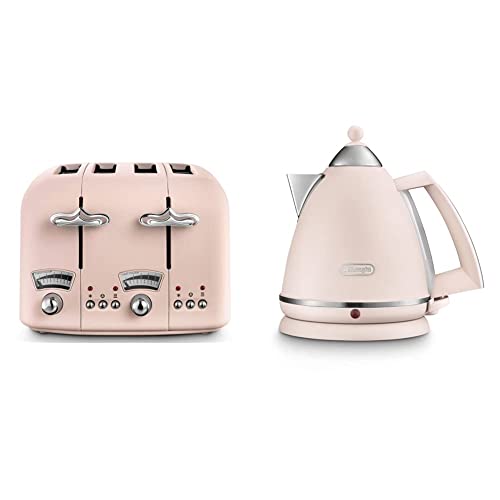 De'Longhi CT04PK Toaster, Plastic, Pink & Argento Flora KBX3016.PK Kettle, 360 Swivel base & cord storage, Pink