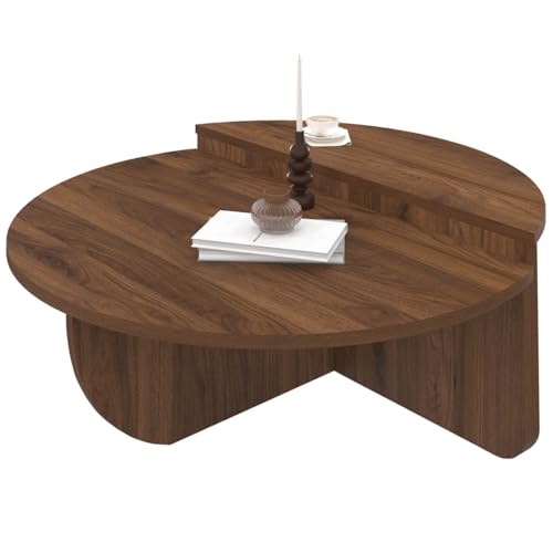 IDMarket - Lot de 2 Tables Basses Rondes GUILIA 90 cm asymétriques Effet Noyer