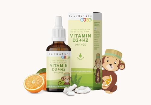 InnoNature Vitamin D3+K2 Kids Tropfen Orange | mit Vitamin D für normales Wachstum Entwicklung der Knochen & Immunsystem | 10ml vegan