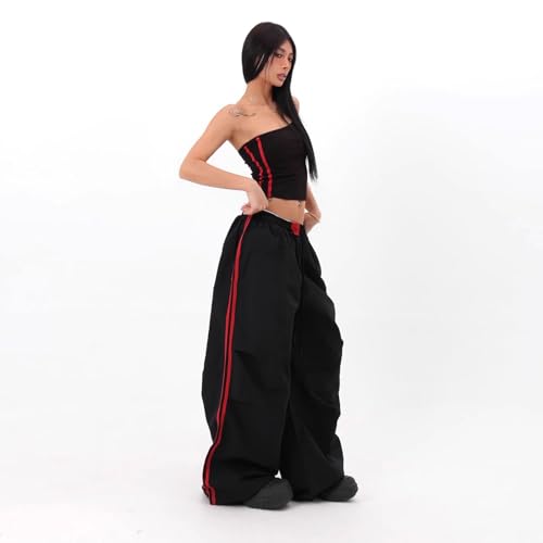 Women's Y2K Baggy Cargo Parachute Pants Elastic Waist Wide Leg Lightweight Quick-Dry Contrast Stripe American Retro3