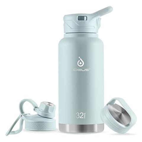 IDEUS Vacuum Insulated Water Bottle, Stainless Steel Double Wall Flask Metal Sports Canteen with Leak-Proof Screw Cap (32oz (950ml), Light Blue) Cover