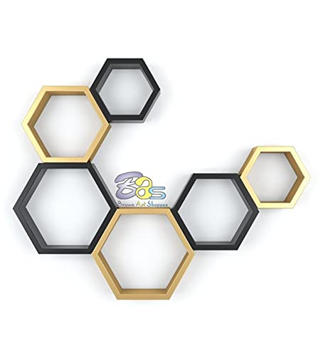 Image of BAS Engineered Wood Brown Art Shoppee Decorative Display With Hexagon Shape Set Of 6 Floating Wall Shelves And Racks For Living Room (Golden & Black)