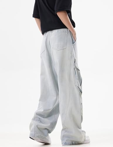 Denim Cargo Pants for Men Women Loose Casual Low-Rise Wide-Leg Stitching Pleated Floor-Mopping Jeans3