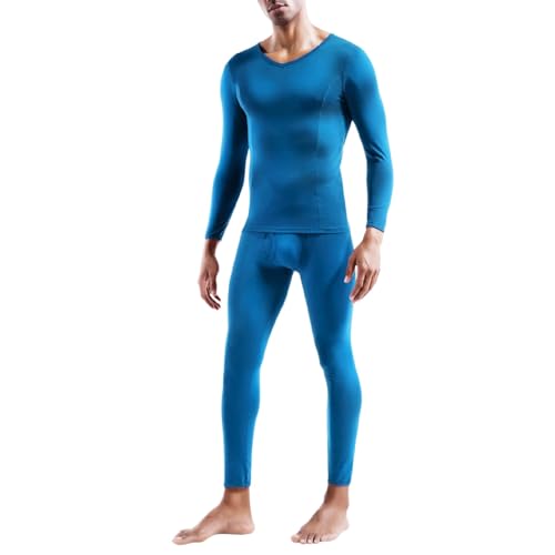 Generisch Conjunto de ropa interior térmica de invierno para hombre, largo, cómodo, algodón, jersey, cuello en V, camiseta básica de corte estrecho, azul, L