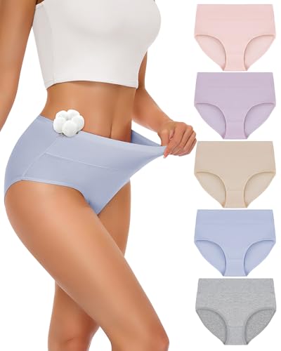 SIMIYA 5 Pack Cotton Underwear Women High Waisted Knickers for Women Multipack Comfy Stretchy Ladies Full Briefs Pants Soft Plus Size Panties L