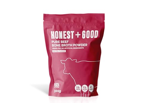 Honest + Good UK's Beef Bone Broth Powder | 350g 35 Servings | Grass Fed | Hair Skin Gut | 8500mg Type I & III Collagen High Protein | UK Made | No Seasoning Neutral Flavour | Suitable for Dog & Cats