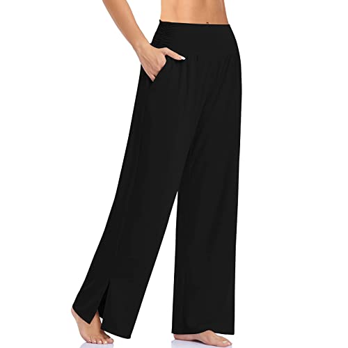 Cegerne Femmes Taille Haute Fente Pantalon de Yoga Stretch Large Pantalon De Survêtement De Sport Pantalon, Noir, M