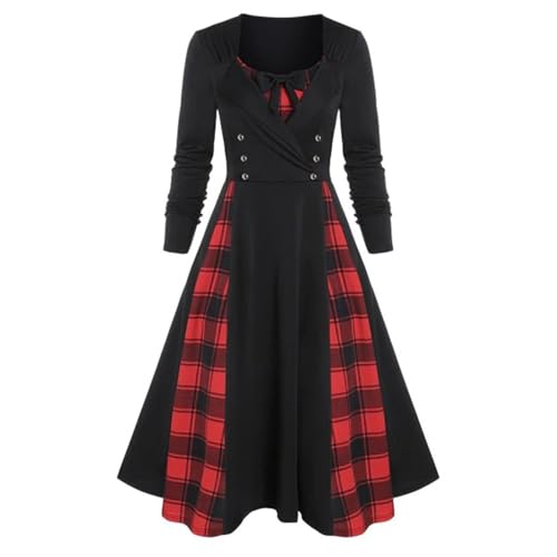 Celucke Weihnachtskleid Damen Kariert Vintage Rockabilly Übergröße Kleid Langarm Retro Elegant Bögen Festliche Cocktailkleider Party Kariertes...