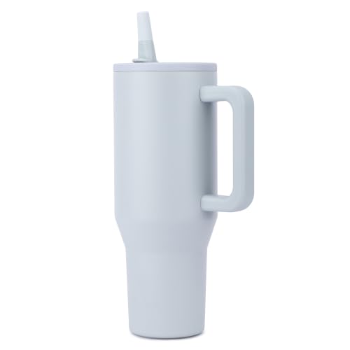 Image of House of Quirk 1200ML Tumbler with Handle & Simple Flip Straw - Car Cup Holder Friendly, Leak Resistant Stainless Steel Water Bottle with Rubber Base (Smoke)