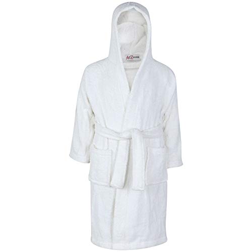 Girls Boys 100% Cotton Soft Terry Hooded Luxury - Towel Bathrobe White_3-4