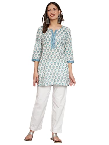Image of Rapsodia Women Cotton White Ethnic Buti Printed Short Kurti, White Blue Kurti for Women, Short Kurta for Women, Tunic Kurti for Women Stylish, Tunic Kurti Tops for Women Stylish