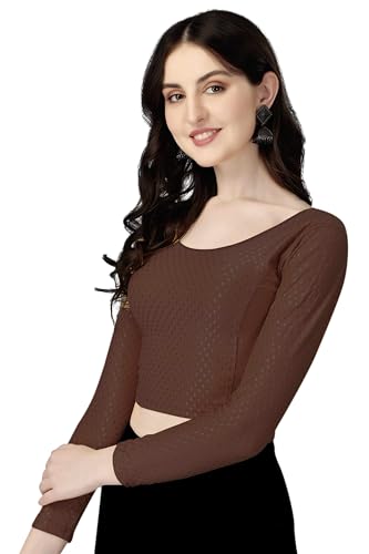 Shiv Textiles Round Neck Dobby Cotton Lycra Stretchable Elbow Sleeve Readymade Saree Blouse For Women Stylish (Brownfree Size Full Sleeve)