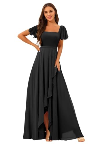 Square Neck Bridesmaid Dresses with Slit 2025 Chiffon Short Sleeves A Line Long Formal Gowns XOD0476
