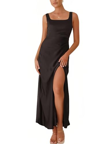 Summer Vacation Satin Maxi Dresses for Women 2025 Square Neck Formal Elegant Ruched Tank Top Wedding Guest Dress with Slit Black