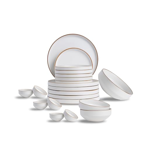 Image of Shay Modern Ceramic Dinner Set, 21 Pcs, White | Crockery Set for Gifting & Dining| Premium Ceramic Dinner Set | Matte Finish (Japandi Dinner Set - White, 21 Piece)