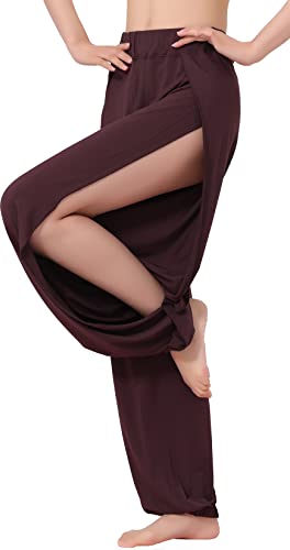Hoerev Damen weichen Schlitz Bein Hose Harem Dance Yoga Pilates Hose,Braun,L
