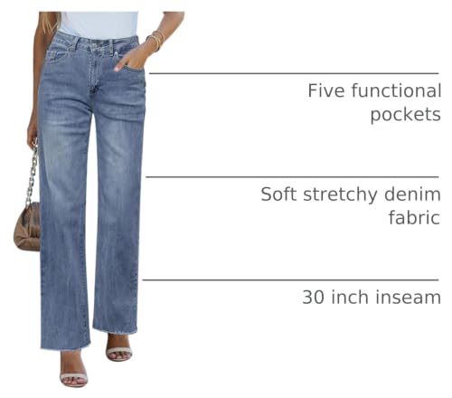 Image of GRAPENT Straight Leg Jeans for Women High Waisted Stretchy Frayed Raw Hem Loose Denim Pants Casual Baggy Jean Trousers
