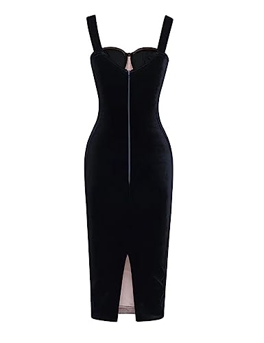 houstil Women's Strap Wedding Guest Dress Velvet Mesh Bodycon Cocktail Party Fishbone Mini Clubwear4
