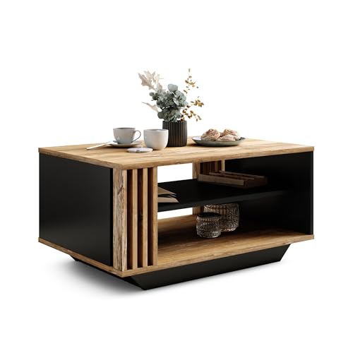 Viosimc Table Basse Moderne avec Lattes Décoratives en Bois et Étagère, Élégante Table Rectangulaire pour Salon – Bois Rétro & Noir