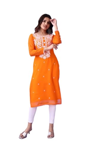 Estationeryhouse Kurti en georgette pour femmes Lucknowi chikankari, design rose avec broderie lourde, sans bas, Orange, XL