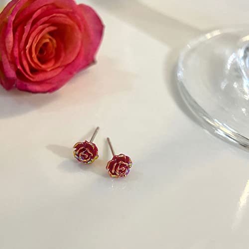 Red Rose Flower Small Stud Earrings Sterling Silver 925 Colorful Flower Cartilage Tragus Earrings Studs Tiny Piercing Post 20G Cute Jewelry Gifts For Women Girls Xmas #TOP4