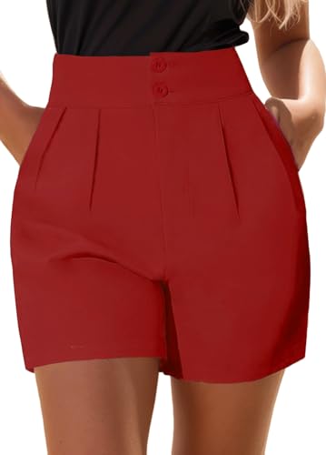 XinYangNi Women's Casual High Waisted Wide Leg Bermuda Shorts Summer Pleated Dressy Shorts with Pockets Red Medium