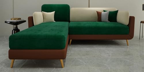 Image of Polyester Velvet Contemperory Sofa Set with Cushion Chaise Lounge, Sectional Sofa Perfect for Your Living Room,Guests Room & Office. (Green & Beige, RHS 4 Seater)