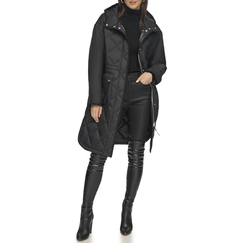 DKNY Button Down Long Quilted Coat Colcha, Black, S De Las Mujeres