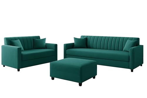 Image of 3+2 Fabric Sofa Set with Ottoman for Living Room | Modern Upholstered 5-Seater Couch | Soft Cushion, Premium Velvet Fabric-Green