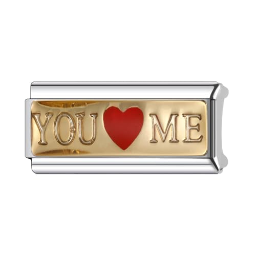 Image of Mon & Sons You Love Me Heart Gold Superlink Long Double Size Width 9mm Stainless Steel Silver Italian Link Charm Compatible With 9mm Link Bracelet
