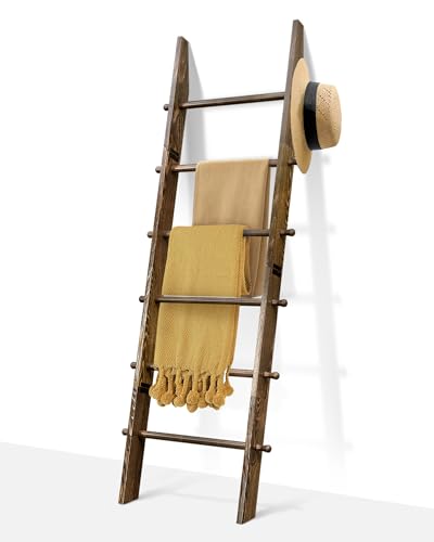 TEAKMAMA 6-Tier Blanket Ladder with Hanging Knobs,5.5 Ft Wall Leaning Blanket Ladders for Living Room Bedroom,Rustic Decorative Storage for Quilts,Throws,Easy to Assemble,Rustic Brown