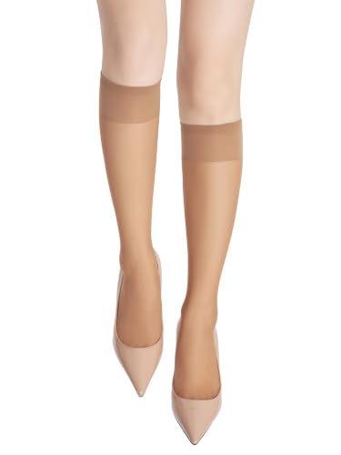 Image of leg elegant Sheer Knee High Stockings for Women, 6 Pairs Knee High Transparent Toes Nylons Pantyhose for Women