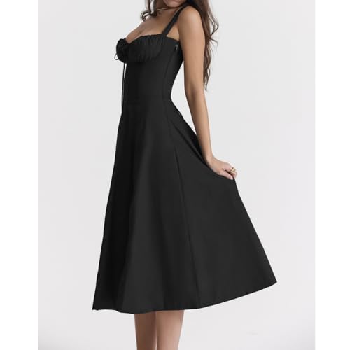 Image of Floral Corset Midi Dress Square Neck A Line Dress with Slit | Square neck floral midi dress with front tie bust wide straps A-line skirt side slit and lightweight fabric