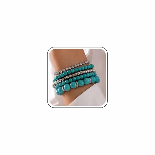 Jugielu Boho Blue Turquoise Bracelet Set Rhinestone Tennis Bracelets Silver