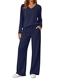 AUTOMET 2-teiliges Damen-Outfit, modisch, Reise-Lounge-Sets mit weitem Bein, Hose, Flughafen-Trainingsanzug, Herbstkleidung 2025, Marineblau, Medium