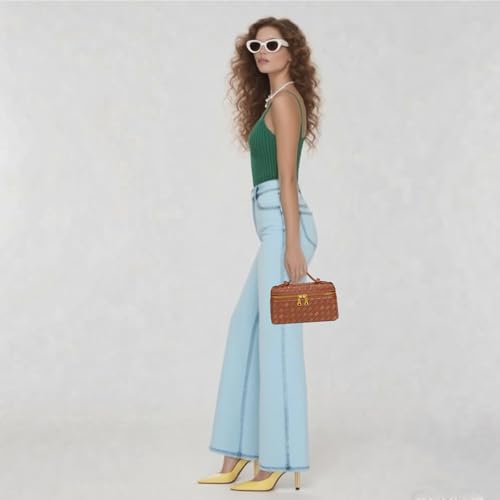 Image of Mini Woven Crossbody Purse Square Box Bags Top-Handle Tote Handbag Shoulder Bag Cute Satchels Trendy (Suede Brown)