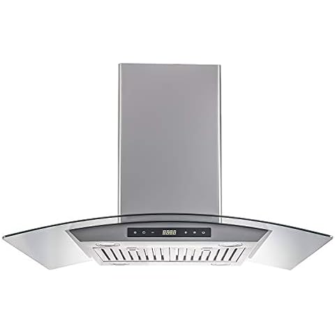 Trifecte 36 Inch 400 CFM Island Ductless Stainless Steel Range Hood with Tempered Glass, 3 Speed Exhaust Fan, Baffle Filter, LED Lights, Slim Kitchen Stove Vent Cover