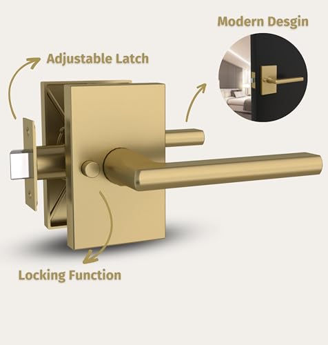 Image of Mega Handles Satin Brass Privacy Door Handle, Glamor Heavy Duty Lever for Bedroom and Bathroom, Interior Keyless Lock, Reversible, Square Modern Design, Fits Standard Doors, 1 Pack - Gold Finish