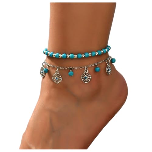 Turquoise Flower Anklet Bracelet 2Pcs Crystal Beads Anklet Boho Carved Geometric Summer Foot Chain Jewelry for Women Girls (Silver)