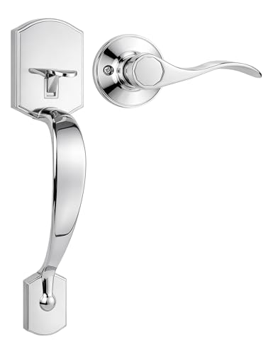 Image of Tinewa Bright Chrome Front Door Handle,Upgated Entry Door Handle with Accent Wave Door Lever,Single Cylinder Front Door Handleset for Home Security