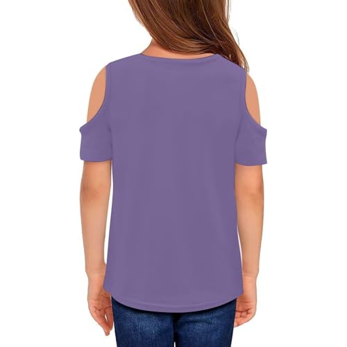 Girls Short Sleeve Shirts Cute Crew Neck Cold Shoulder Tee Top 5-14 Years2