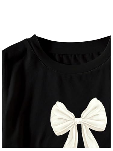 SweatyRocks Girl's Bow Graphic Letter Print T Shirt Round Neck Short Sleeve Casual Tee Tops3