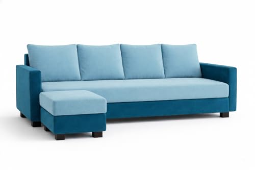 Image of SOCOZI Braven 5 Seater L Shape Sofa Set with Movable Ottoman | Flexible Layout | Soft Velvet Suede Fabric | Modern Design | Plush Comfort Cushions for Living Room (Sky Blue-Aqua Blue)