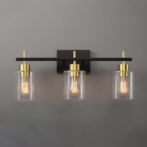 Image of Globe Electric 4-Piece All-in-One Bathroom Set, Matte Black, 3-Light Vanity Light with Clear Glass Shades and Matte Brass Accents, Towel Bar, Toilet Paper Holder, Towel Ring