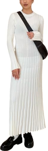 Image of Women's Long Sleeve Sweater Dress Ankle Length Fall Dress Vneck Knit Winter Dress