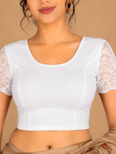 Image of Abhi Cotton Readymade Saree Blouse for Women- Half Net Sleeves, Round Neck, Regular-fit, Stretchable, Pull-on Style Blouse