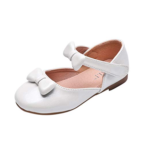 Beppter Mary Jane Front Bow Rhinestone Buckle Ballerina Flat Girls Princess Soft Comfortable Round Head Princess Shoes(White, 8-8.5years)