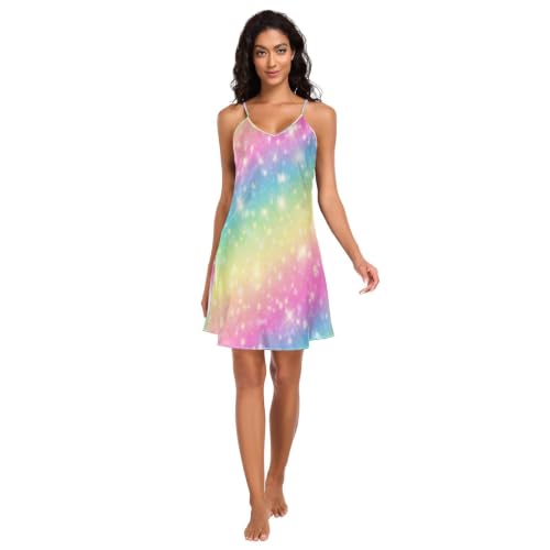 Chemise de nuit courte en soie tie-dye arc-en-ciel et col en V réglable pour femme