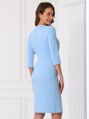 Allegra K Formal Dress for Women Crew Neck 3/4 Sleeve Elegant Bodycon Wrap Work Dresses3